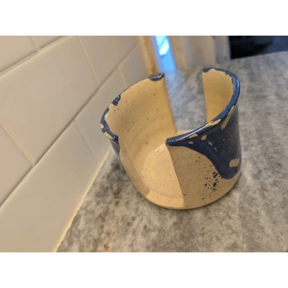 Signed Studio Pottery Blue & Cream Ceramic Sponge / Napkin Holder
